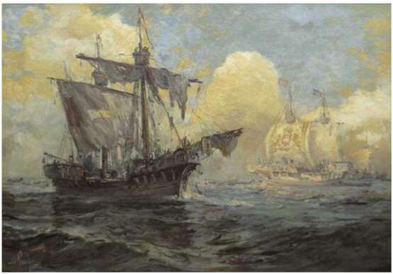 Marinemaler des 19./20. Jh. "Nach der Seeschlacht- Segelschiffe auf hoher See", Öl/Lw., unleserlich sign. u.l., 63x90 cm, Rahmen - Foto 1 Marinemaler des 19./20. Jh. "Nach der Seeschlacht- Segelschiffe auf hoher See", Öl/Lw., unleserlich sign. u.l., 63x90 cm, Rahmen - Foto 1