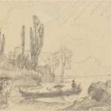 "Spaziergänger am See", Bleistiftzeichnung, undeutl. sign u.r. und dat. ´74, 10,5x15 cm, im Passepartout - photo 1