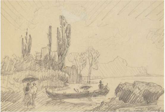 "Spaziergänger am See", Bleistiftzeichnung, undeutl. sign u.r. und dat. ´74, 10,5x15 cm, im Passepartout - photo 1