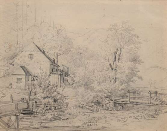 Stocks, Minna (1846 Schwerin-1928 Hinzenhagen b. Lalendorf, Mecklenburg) "Walmdachhaus am Bachlauf", Bleistiftzeichnung, rückseitig Nachlaßstempel, 18x22,5 cm, hinter Glas im Passepartout und Rahmen (Deutsche L… - photo 1