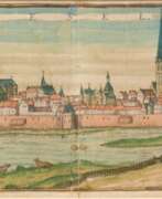 Buch- und Zeitschriftengrafiken. Altkolorierter Kupferstich &quot;Wesalia Inferior-Ansicht von Wesel&quot;, rückseitig lateinischer Text, Gebrauchspuren, 14x47 cm, im Passepartout und Rahmen