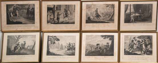 8 Alte Kupferstiche, dabei "Friedrich der Große", "In der Schlacht bey Kunersdorf sagte der König..." u.a., zum Teil fleckig, jeweils 23,5x29 cm, hinter Glas und Rahmen - photo 1