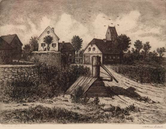 Liebsch, Arthur (1851 Leipzig-1931 ebenda) "Dorflandschaft mit Ziehbrunnen", Radierung, 3/ 10, sign. u.r. und dat. "11.6.1926", 15x20 cm, hinter Glas und Rahmen - photo 1