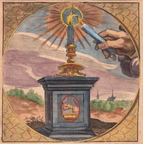 "Allegorische Darstellung", kolorierter Kupferstich, 12x12 cm, im Passepartout hinter Glas und Rahmen - photo 1