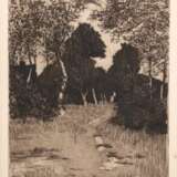 Ende, Hans am (1864 Trier-1918 Stettin, Polen) "Landschaft mit Birken", Grafik, sign. u.r. und bez. "Worpswede", 27x18,5 cm, im Passepartout hinter Glas und Rahmen (Er war ein deutscher Maler des Impr… - photo 1