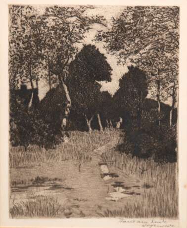 Ende, Hans am (1864 Trier-1918 Stettin, Polen) "Landschaft mit Birken", Grafik, sign. u.r. und bez. "Worpswede", 27x18,5 cm, im Passepartout hinter Glas und Rahmen (Er war ein deutscher Maler des Impr… - photo 1