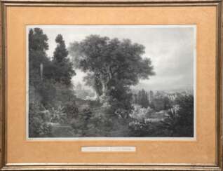 &quot;Tassos Eiche&quot;, Radierung, in der Platte undeutl. sign., Blatt an den Rändern rep. und fleckig, 35x51 cm, im Passepartout hinter Glas und Rahmen