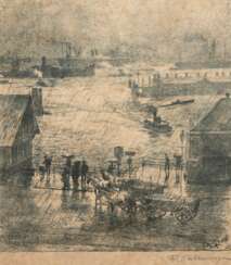 Kallmorgen, Friedrich (1856 Altona-1924 Grötzingen b. Karlsruhe) &quot;Hamburger Hafen&quot;, Litho., in der Platte monogr. und sign. u.r., 23x20,5 cm, ungerahmt