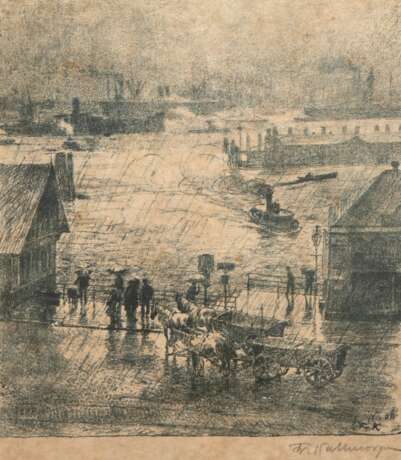 Kallmorgen, Friedrich (1856 Altona-1924 Grötzingen b. Karlsruhe) "Hamburger Hafen", Litho., in der Platte monogr. und sign. u.r., 23x20,5 cm, ungerahmt - photo 1