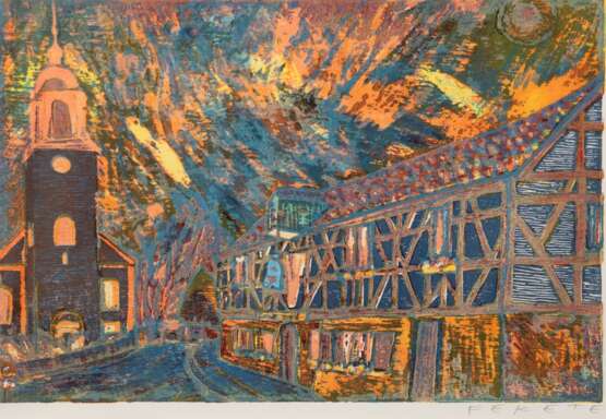 Fekete, Esteban (1924 Budapest-2009 Dieburg) "Dorfkirche und Alte Mühle in Pfungstadt", Farbholzschnitt, sign. u.r., 28x41 cm, im Passepartout hinter Glas und Rahmen - photo 1
