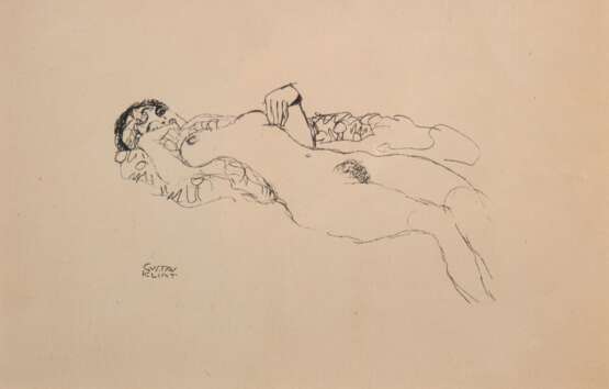 Klimt, Gustav (1862 Baumgarten-1918 Wien) "Aktstudie", Heliogravure, in der Platte sign., 19x29 cm, im Passepartout hinter Glas und Rahmen - photo 1