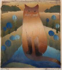 Kranich, Brigitte (1933) &quot;Katze&quot;, Farblinoldruck, signiert und datiert 1983 u.r., limitiert 54/100, 17,5x16 cm, im Passepartout hinter Glas und Rahmen