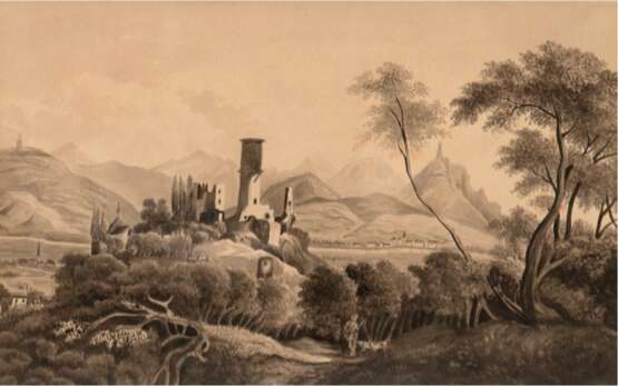 Künstler 19. Jh. "Ansicht von Bad Godesberg mit Blick auf die Ruine", Grafik, 19x27 cm, im Passepartout hinter Glas und Rahmen - photo 1