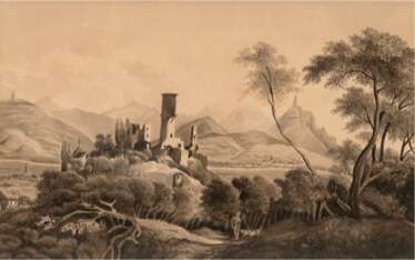 Künstler 19. Jh. &quot;Ansicht von Bad Godesberg mit Blick auf die Ruine&quot;, Grafik, 19x27 cm, im Passepartout hinter Glas und Rahmen