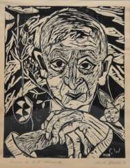 Kahnweiler-Holzschnitt &quot;Porträt-Christa Wächtler-1937 Rostock&quot;, betitelt &quot;Ostern bei Kahnweiler&quot;, handsign., bez. und dat. 1970, Blatt gebräunt und wellig, 43,5x32,5 cm, im Passepartout (stockfleckig)…
