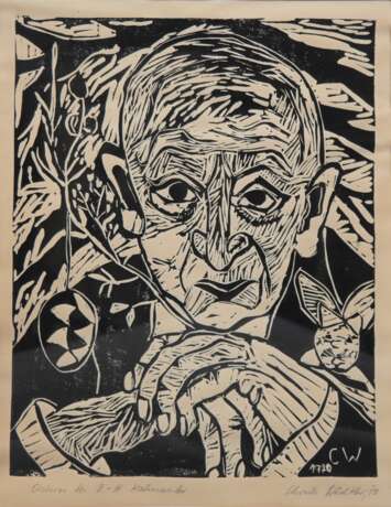 Kahnweiler-Holzschnitt "Porträt-Christa Wächtler-1937 Rostock", betitelt "Ostern bei Kahnweiler", handsign., bez. und dat. 1970, Blatt gebräunt und wellig, 43,5x32,5 cm, im Passepartout (stockfleckig)… - Foto 1