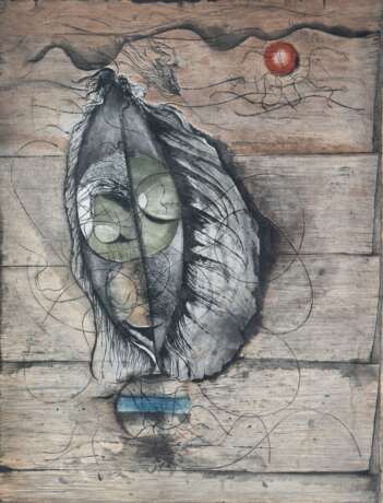 Gäfgen, Wolfgang (1936 Hamburg-2024) "Stilleben mit Feder und roter Kugel", Farbradierung, 199/ 300, sign. u.r., 50,5x39 cm Blattgröße 65,5x50 cm (Rand verschmutzt), ungerahmt - Foto 1