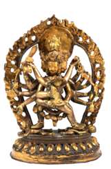 Skulptur &quot;Yirdam in Verbindung mit seiner Gefährtin Vajravarahi&quot;, Nepal/Tibet um 1850, Bronze z.T. feuervergoldet, 3-teilig, H. 21 cm