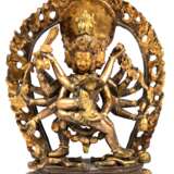 Skulptur "Yirdam in Verbindung mit seiner Gefährtin Vajravarahi", Nepal/Tibet um 1850, Bronze z.T. feuervergoldet, 3-teilig, H. 21 cm - Foto 1