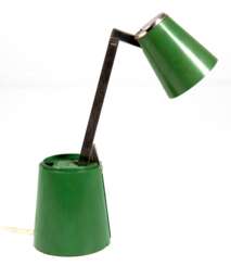 Kleine Reiselampe &quot;Lampette&quot;, 1960er Jahre, grüner Kunststoff, Teleskop-Lampenarm aus Chrom, H. 25 cm- 42 cm