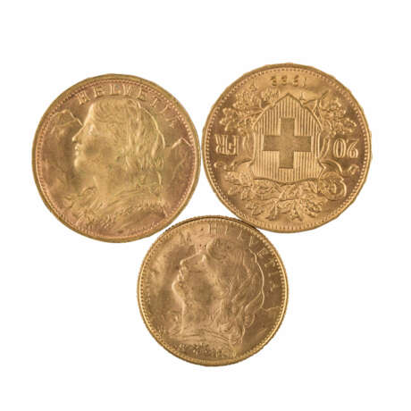 Schweiz/GOLD - 2 x 20 Franken und 1 x 10 Franken, - фото 1
