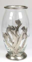 Jugendstil-Vase, Klarglas mit Zinnmontur, Tulpendekor, H. 23,5 cm