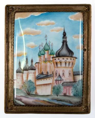 Emaille-Miniatur "Russisches Kloster", polychrom, 7,5x5,7 cm, im Messing-Rahmen auf Holzplatte - фото 1