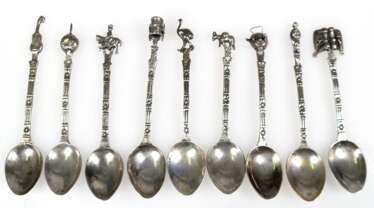 9 Mokkalöffel mit diversen figürlichen Griffenden, 925er Silber, Argentinien, Ges.-Gew. 66 g, L. 8,5 cm- 9,5 cm