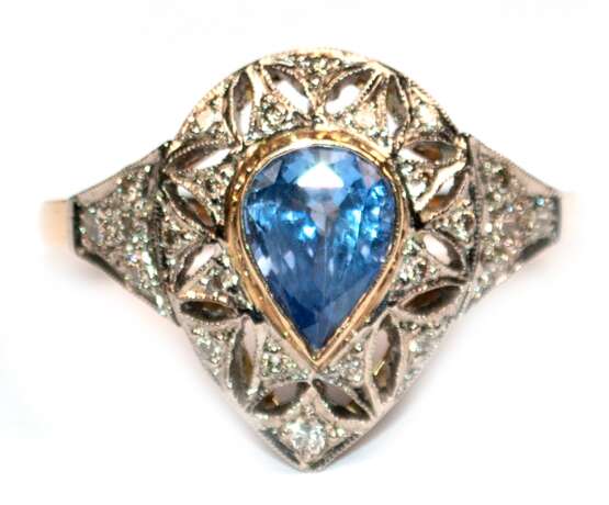 Ring, 750er GG / WG, 4,4 g, Saphir 1,42 ct., Brillanten 0,21 ct., RG 57, Innendurchmesser 16,5 mm - photo 1