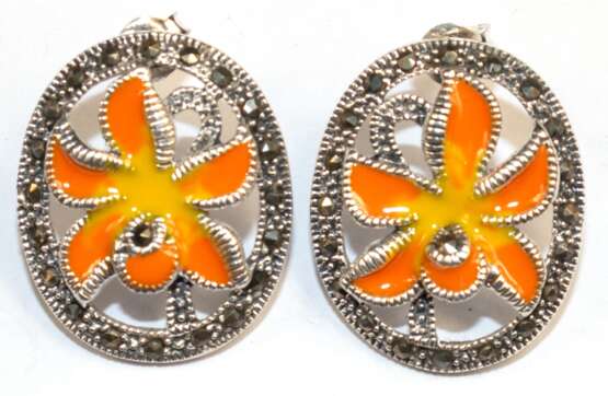 Ohrstecker "Orchidee“, 925er Silber, farbig emailliert, Markasiten, Maße: Ohrstecker 3,3 x 1,9 cm, gesamt ca. 14,4 g - photo 1