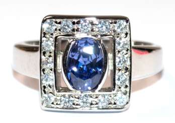 Ring im Art-Deco-Stil, 925er Silber, rhodiniert, synth. Tansanit und weiße Zirkonia, RG 57, Innendurchmesser 18,1 mm