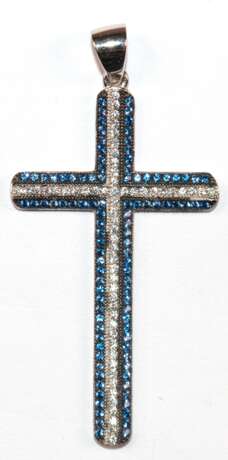 Kreuz, 925er Silber, rhodiniert, saphirfarbene und brillante, weiße Zirkonia, in feiner Qualität, Maße mit Öse ca. 5,0 x 2,4 cm - photo 1