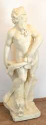 Gartenfigur &quot;Neptun mit Fisch&quot;, Steinguß, restauriert, hell gefasst, 130x45x30 cm