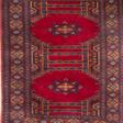 Teppich, rotgrundig, blau ornamental gemustert, Fransen unterschiedlich lang bzw. fehlen, Reinigung empfohlen, 98x62 cm - Jetzt bei der Auktion