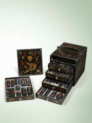 A GROUP OF INK CAKES WITHIN A FITTED PAINTED LACQUER ‘DRAGON’ BOX AND COVER