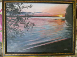 The painting "a Beautiful sunset over the lake"