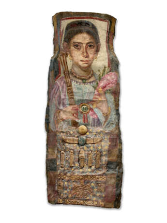 AN EGYPTIAN PAINTED LINEN AND STUCCO MUMMY PORTRAIT OF A WOMAN - photo 1