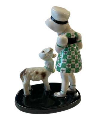 Goldscheider - Claire Weiss - Figurine de jeune fille debout avec chapeau et agneau - Fa&iuml;ence Fayence Art Nouveau 20th century - Foto 5
