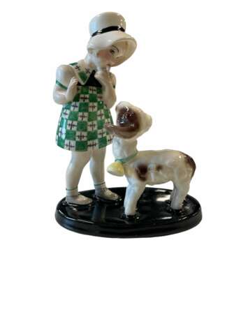 Goldscheider - Claire Weiss - Figurine de jeune fille debout avec chapeau et agneau - Fa&iuml;ence Fayence Art Nouveau 20th century - Foto 6
