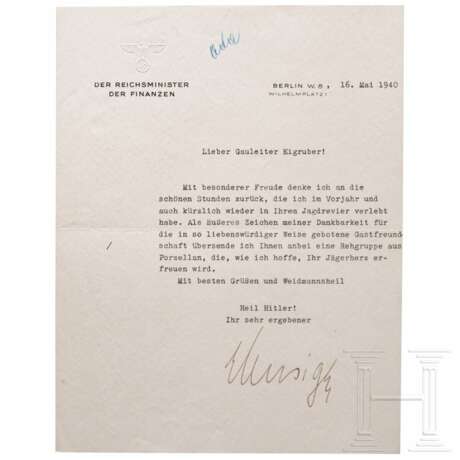 August Eigruber - Schreiben mit Tintenunterschrift des Johann Ludwig Graf Schwerin von Krosigk - фото 1