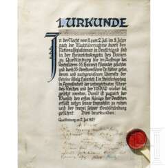 Heinrich Himmler - Urkunde über die Beisetzung der Überreste König Heinrichs I. (876 - 936) im Dom zu Quedlinburg mit 28 Unterschriften von SS- sowie Parteiführern vom 2. Juli 1937