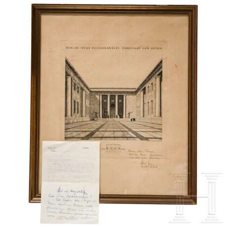 Albert Speer - signierter Stich "Neue Reichskanzlei" mit Brief - фото 1