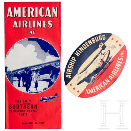 American-Airlines-Werbebroschüre und "Airship Hindenburg"-Gepäckaufkleber - photo 1 American-Airlines-Werbebroschüre und "Airship Hindenburg"-Gepäckaufkleber - photo 1