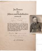 Aperçu. Johann Dobek - Beförderungsurkunde, signiert von Heinrich Himmler, mit Portraitfoto, Träger des Blutordens