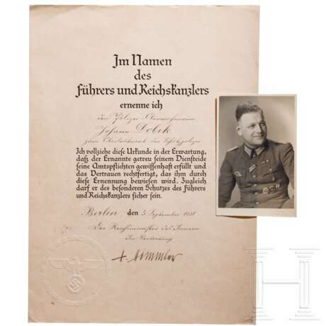 Johann Dobek - Beförderungsurkunde, signiert von Heinrich Himmler, mit Portraitfoto, Träger des Blutordens - photo 1