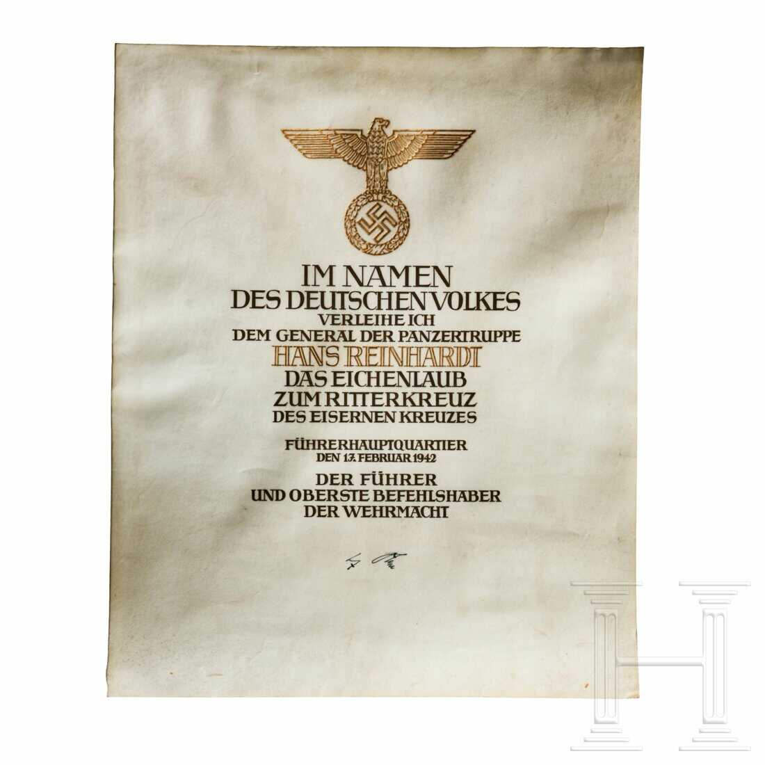 General der Panzertruppe Georg-Hans Reinhardt - an Award Document for the Oakleaves to the Knight's Cross of the Iron Cross of 1939 General der Panzertruppe Georg-Hans Reinhardt - an Award Document for the Oakleaves to the Knight's Cross of the Iron Cross of 1939