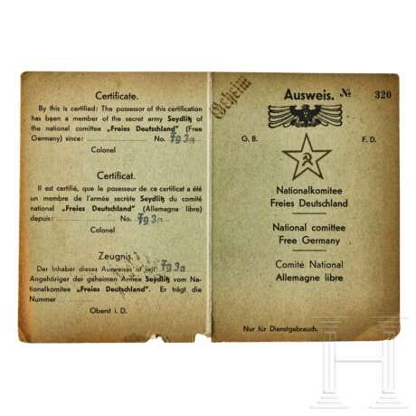 A pre-dated and -signed not issued Ausweis Nr. 320 (ID card No 320) of the Nationalkomitee Freies Deutschland (National Committee Free Germany), dated July 10, 1945 - Foto 1