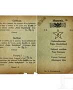 Historische Gegenstände. A pre-dated and -signed not issued Ausweis Nr. 320 (ID card No 320) of the Nationalkomitee Freies Deutschland (National Committee Free Germany), dated July 10, 1945