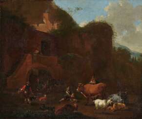 Berchem, Nicolaes, Art des. Südliche Felsenlandschaft mit Bauern und Vieh