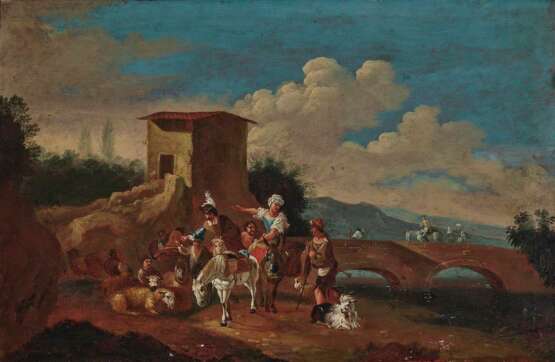 Unbekannt, 17./18. Jahrhundert. Reiter und Bauern am Flussufer - Foto 1